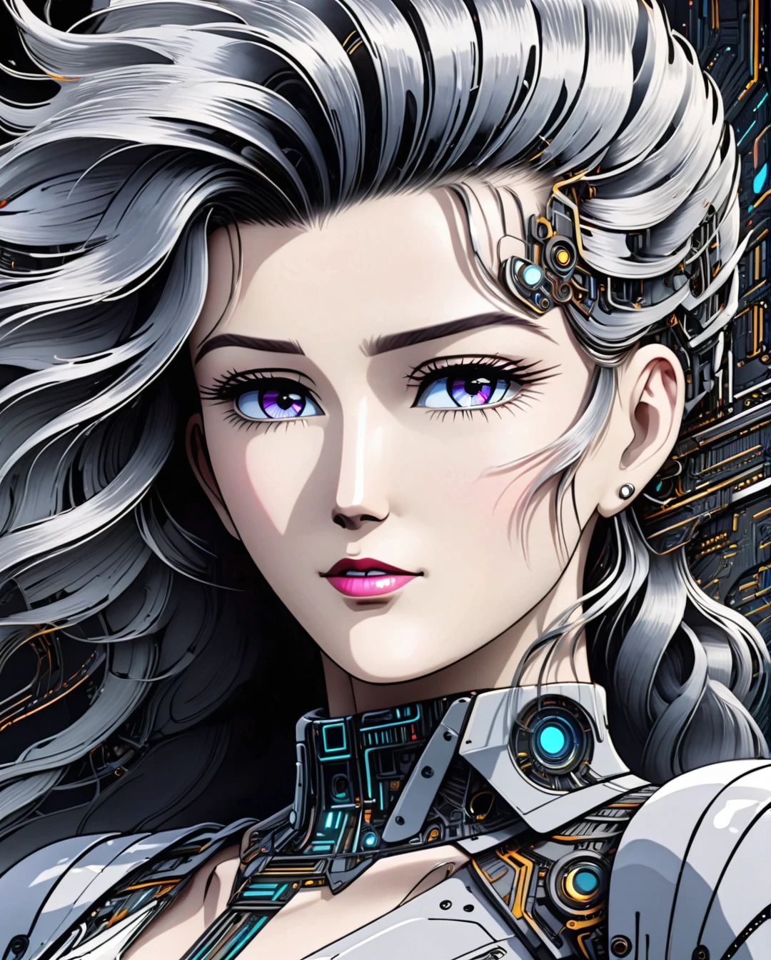 (Ultra-high resolution, highest quality, reality), futuristic, mechanical, high-tech, black and white grey, metallic, streamlined, complex structure, exquisite details, geometric shapes, neon colors, electronic sounds, digital elements, abstract graphics, web, data interaction, virtual reality (glowing skin), (highly detailed skin with visible pores), (luxurious decoration: 1.2), (colored eyes: 1.3), pretty. beautiful face. masterpiece, exquisite details, attention to detail, surrealism, award-winning portrait, realistic design for photo quality, intricate composition,NDP