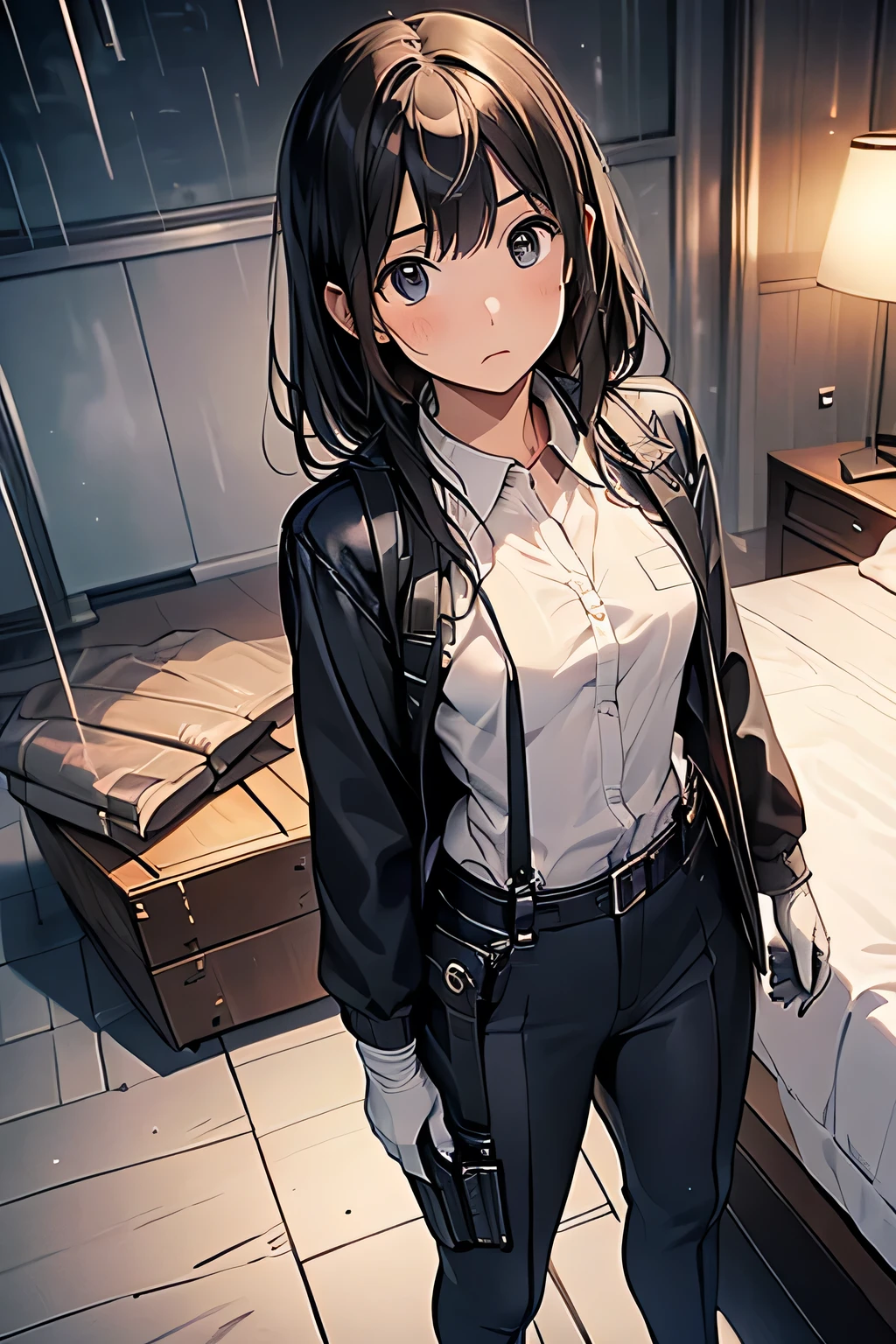 1 female, , high quality, masterpiece, Ultra-high resolution, , Cinema Lighting, , , And the suspenders with the cranes flying Large Breasts Small face holster Lying in bed Looking up Sweat belt summer 脇Sweat Black Hole Gloves suit shirt Black jacket Black trousers Leg Links ズボンにbelt holster Hands behind your back Anxious expression Looking up Anxious face, legs apart Armament Cable ties レッグholster holster See-through clothing heavy rain Getting wet in the rain