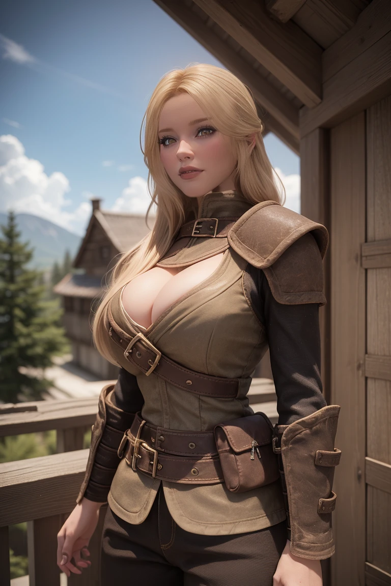 1 girl, masterpiece, 32 yo, female breton beauty sits outdoors in a rustic Skyrim village, surrounded by thatched roofs and lush greenery. The sun casts a warm glow on her porcelain skin as she gazes directly into the camera lens, her piercing green eyes sparkling with a hint of mischief. Her raven tresses cascade down her back like a waterfall, framing her heart-shaped face. A gentle smile plays on her lips, inviting the viewer to step into her whimsical world. blonde hair, fit body, Skyrim style, (female front view:1.3), looking at the viewer.,wearing light armor, female breton