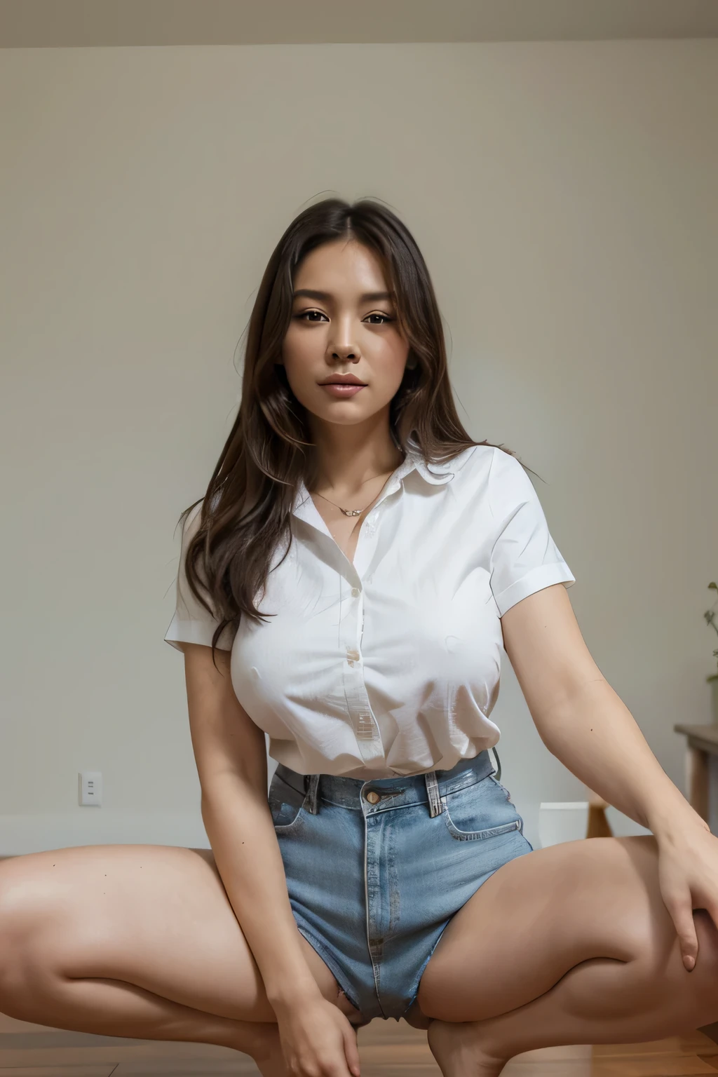 A VERY BEAUTIFUL WOMAN,jean short and a white shirt, crouching, HIGH DEFINITION, A BEAUTIFUL CHEERFUL and busty ASIAN WOMAN WITH ASIAN FEATURES, 20 TO 25 YEARS OLD, SHINY LIGHT DARK HAIR, HYPER REALISTIC