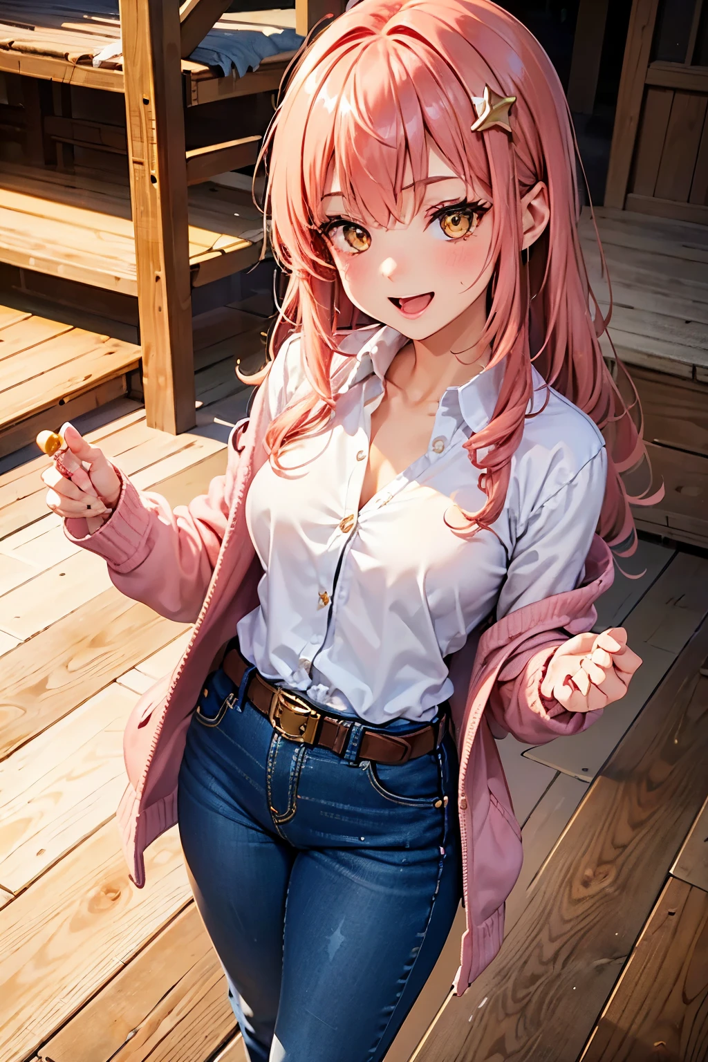 best quality, (masterpiece:1.3), absurdres, highres,16k, ultra high res, official art, illustration,extremely detailed, 1girl, solo, full body, 20yo, 
delicate lines tailed face, (long hair1.2), (straight hair1.8), (beautiful (coral pink) hair:1.2), (shiny hair:1.2), (beautiful (gold) eyes:1.2), (shiny eyes:1.2), (small breasts), (gleaming skin:1.4),
(cowboy shot:1.5),
standing, laugh with open mouth,
(cardigan on shirt, jeans, belt), (star hair ornament), 
(wooden floor)