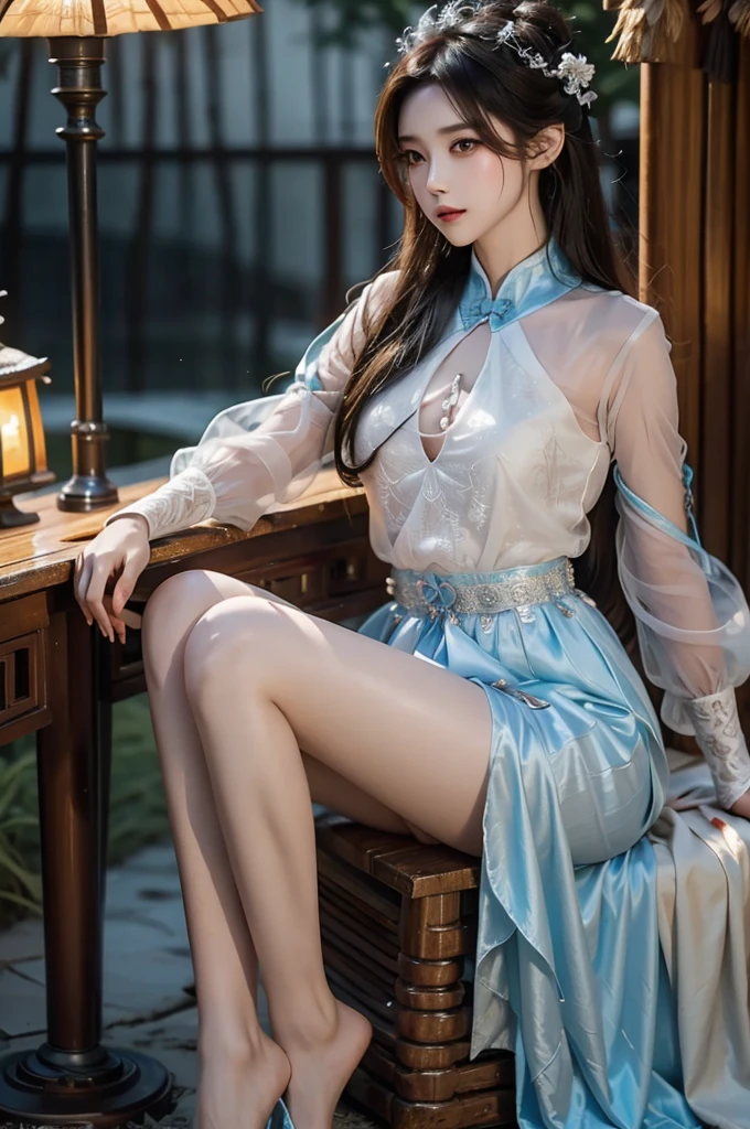 guqinghan,naraka,chinese clothes,china dress, (Sun, sea, sand), a beautiful woman, a stunning girl sitting on the beach with her knees bent and sideways, (Very nice legs, no extra legs, anatomically correct), surrounded by flowers and butterflies, her chest partially visible, Lean back, leaning back with her elbows supporting her body, 1girl, detailed face, illuminated by moonlight, atmospheric lighting, detailed environment, dramatic lighting, cinematic, moody, fantasy setting