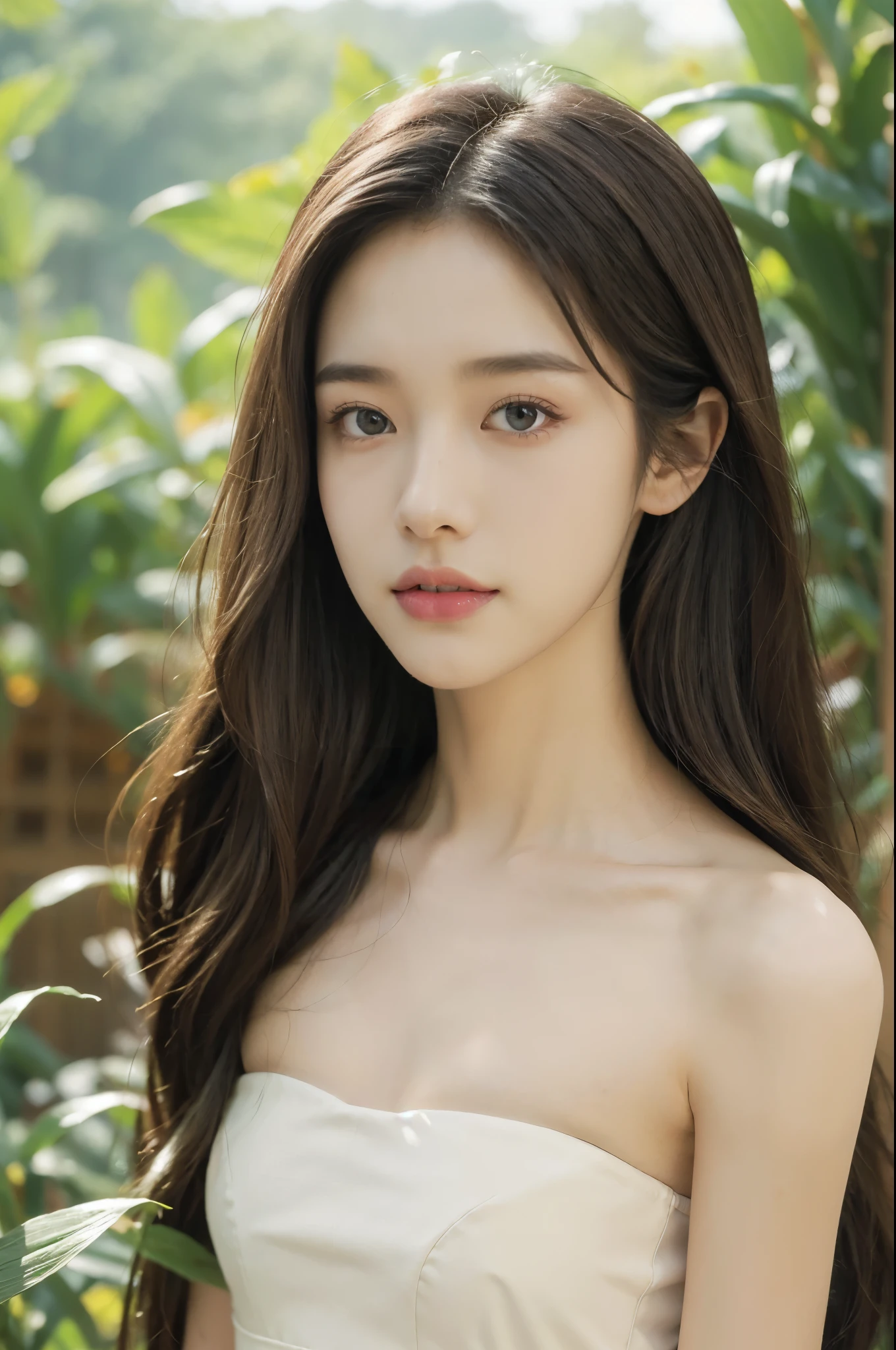 (((best quality))),(((ultra detailed))),(((masterpiece))),illustration,((1 beautiful girl,solo)),((slim,thin)),((small breasts,flat chest)),((summer afternoon)),(in cornfield:1.3), (strapless hotpink bra:1.3),delicate,(medium straight hair:1.2), radiant smile, vibrant atmosphere, elegance, grace,fresh and cool,towering stalks, densely packed, soothing melody, serene and peaceful, hustle and bustle,majesty, harmoniously, essence of summer, tranquility, relaxation, peacefulness of nature,((from front,close-up of face))
