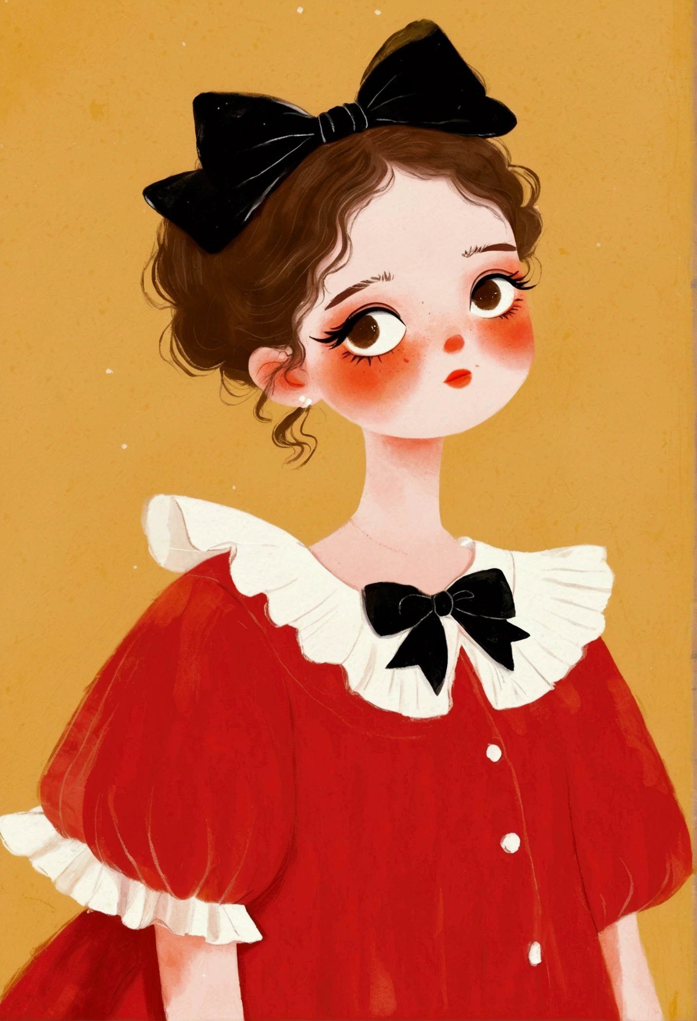 The girl in the painting is wearing a red dress，White collar，Wearing a black bow, , Beauvot Art Style, Digital Art, cute cartoon, Ruffles, Popular trends on artstration, A beautiful artistic illustration