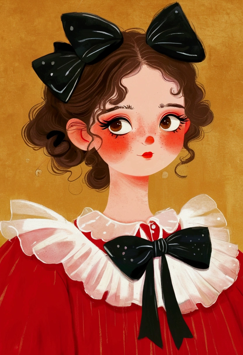 The girl in the painting is wearing a red dress,White collar,Wearing a black bow, , Beauvot Art Style, Digital Art, cute cartoon, Ruffles, Popular trends on artstration, A beautiful artistic illustration