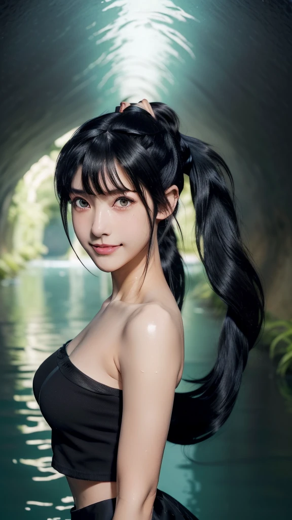 ((masterpiece, highest quality, High resolution, Hmm, Pixel perfect, Depth of written boundary, 4k, RTX, HDR))), 1 Girl, single, alone, Beautiful Anime Girls, Beautiful art style,anime character, ((Long Hair, bangs, Black Hair, ponytail:1.5)), (Brown eyes:1.4, Round eyes, Beautiful eyelashes, Realistic eyes), (Detailed face, ), (Smooth texture:0.75, Realistic texture:0.65, Realistic:1.1, Anime CG Style), Medium breast, (Perfect body ,(Black Tube Top), mini skirt, smile, Filmed in a tunnel, Submerged in water