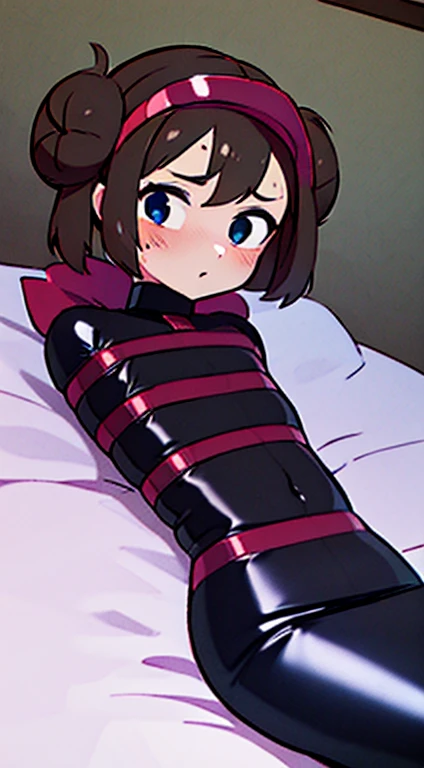 ((21 years old)), (A small chest:1.3),(Masterpiece, Best quality:1.4), (Beautiful, Aesthetic, Perfect, Delicate, Intricate:1.2),((Best quality)), ((Masterpiece)), (Detailed),(A high resolution:1.2), petty eyes, Bend over, angle of view, rosa, twintails, brown hair, double bun, doughnut hair bun, hair bun, blue eyes, hair between eyes, arms behind back, (masterpiece, best quality), 1girl, upper body, arms in the back, squirming, struggle, worried face, [[[[[[perfect body, perfect anatomy]]]]]], laying down, laying in bed, [[[[[[[[[[[arms behind the back]]]]]]]]]], tight black latex catsuit, twisting hips, cute girl, visor cap, tight latex clothes, armbinder, boxbinder, mummification, bondage, sleepsack, closed legs, [[[[[[[tight black latex]]]]]]]]]
