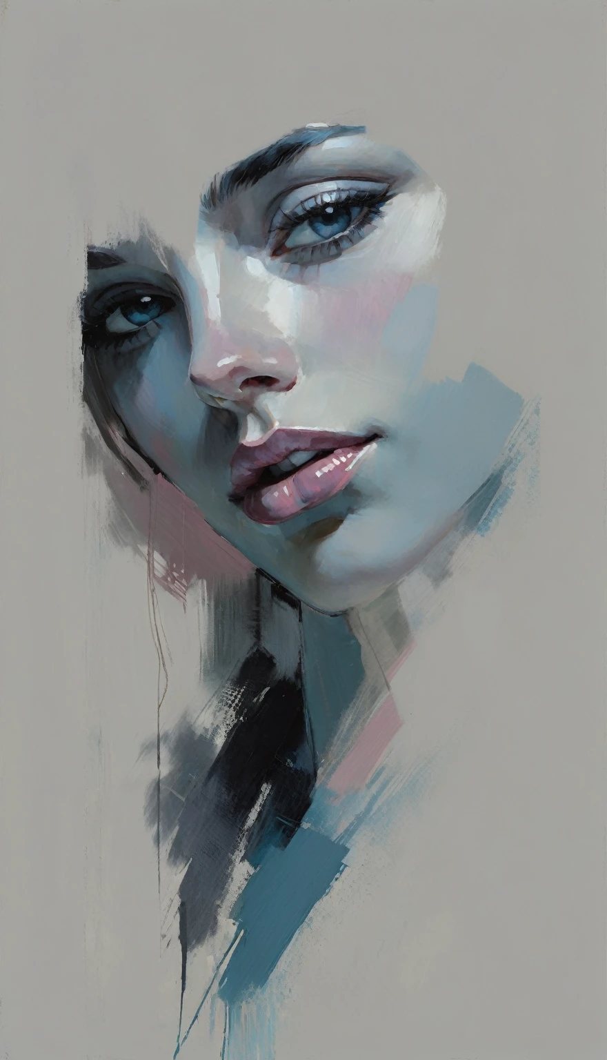 a contemporary portrait of a person in the expressive and painterly style of Malcolm Liepke, close-up of the subject's face with strong dynamic brushstrokes, focus on capturing the depth and texture, light pink and bright blue highlights and vibrant areas, muted blue, dark grayish blue, very dark gray, and light grayish blue shadows and depth, subtle variations of the same color palette in the background, modern elegance and emotional intensity