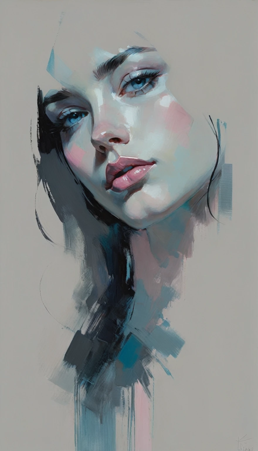 a contemporary portrait of a person in the expressive and painterly style of Malcolm Liepke, close-up of the subject's face with strong dynamic brushstrokes, focus on capturing the depth and texture, light pink and bright blue highlights and vibrant areas, muted blue, dark grayish blue, very dark gray, and light grayish blue shadows and depth, subtle variations of the same color palette in the background, modern elegance and emotional intensity