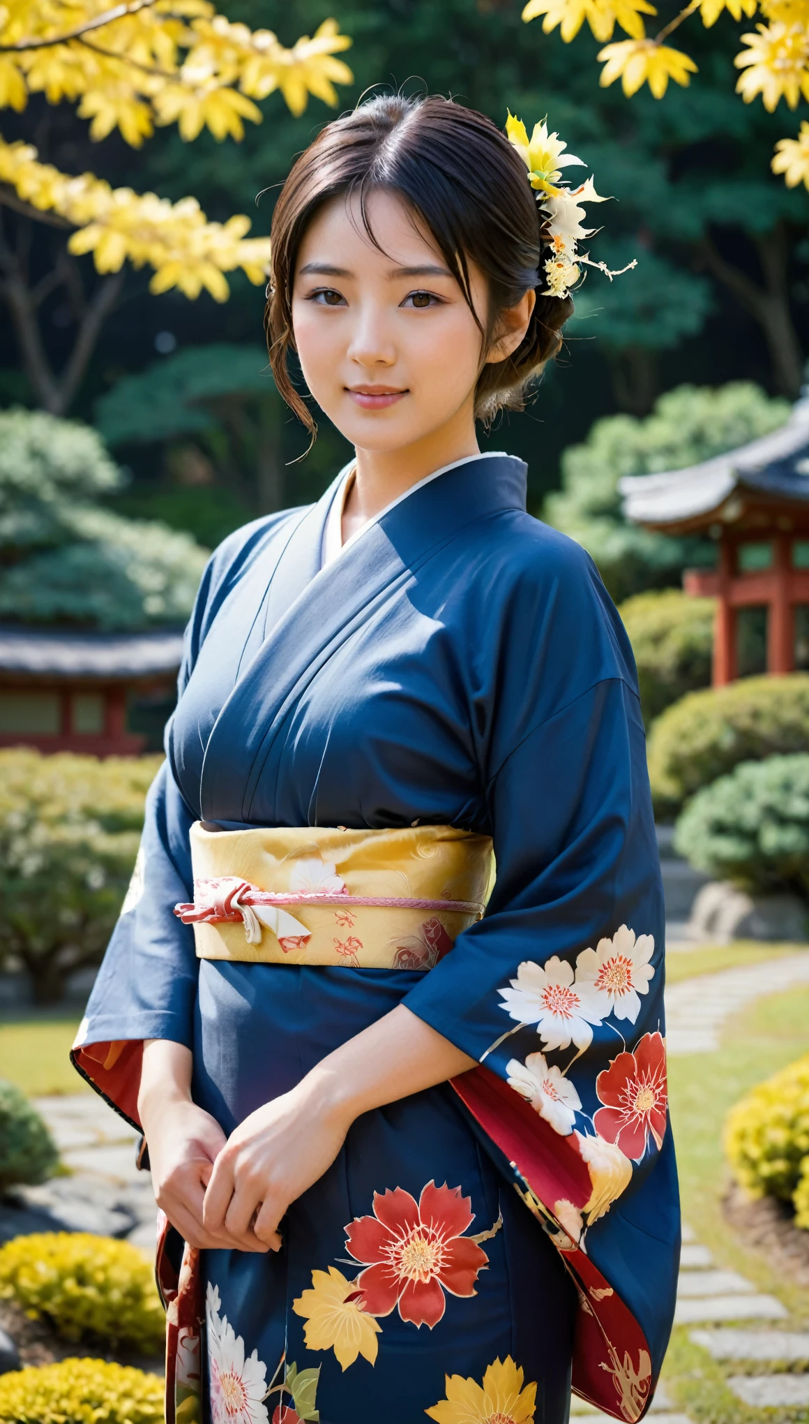 Full-body , a Japanese ancient girl, looking at viewer, (beautiful Japanese Young General, girl is 20 years old), (Highly detailed face, Black hair ,Brown eye, chignon, Fuller lips, little Lips, little smile), (C cup breasts, middle hip), (Japanese kimono, background cloth indigo blue , chrysanthemum flower pattern), standing in Japanese  on Garden, Autumn red and yellow leaves, maple , Yellow beech, sunrise ,(masterpiece, Highest quality, masterpiece, God-like quality, Godly art, , Very realistic), same kimono, 