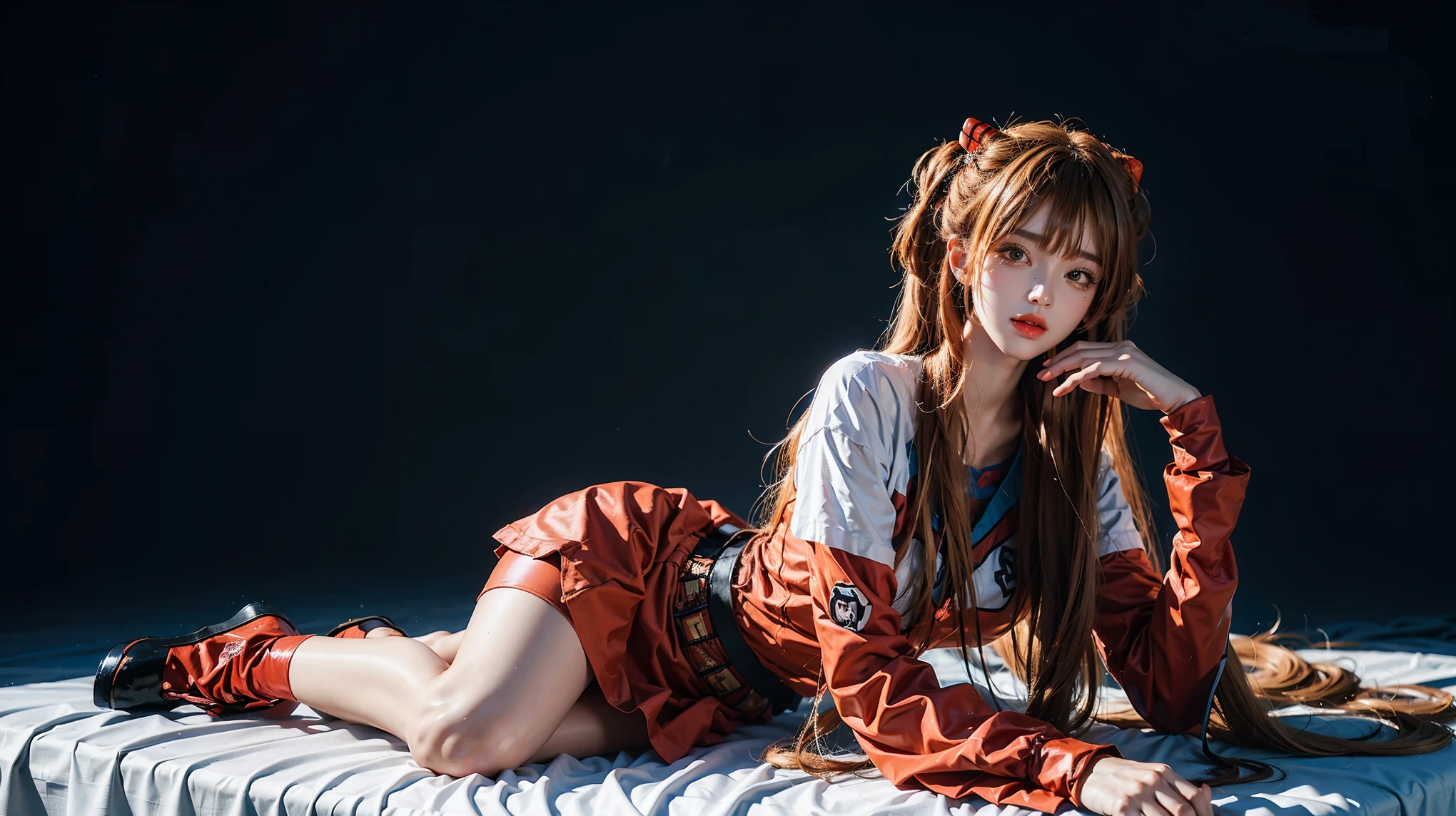 best quality, masterpiece, realistic, photorealistic, 1girl, solo, looking at viewer, full body, long hair, asuka cosplay costume, cosplay, shirt and skirt outfit, hair ornament, simple background, she is laying down