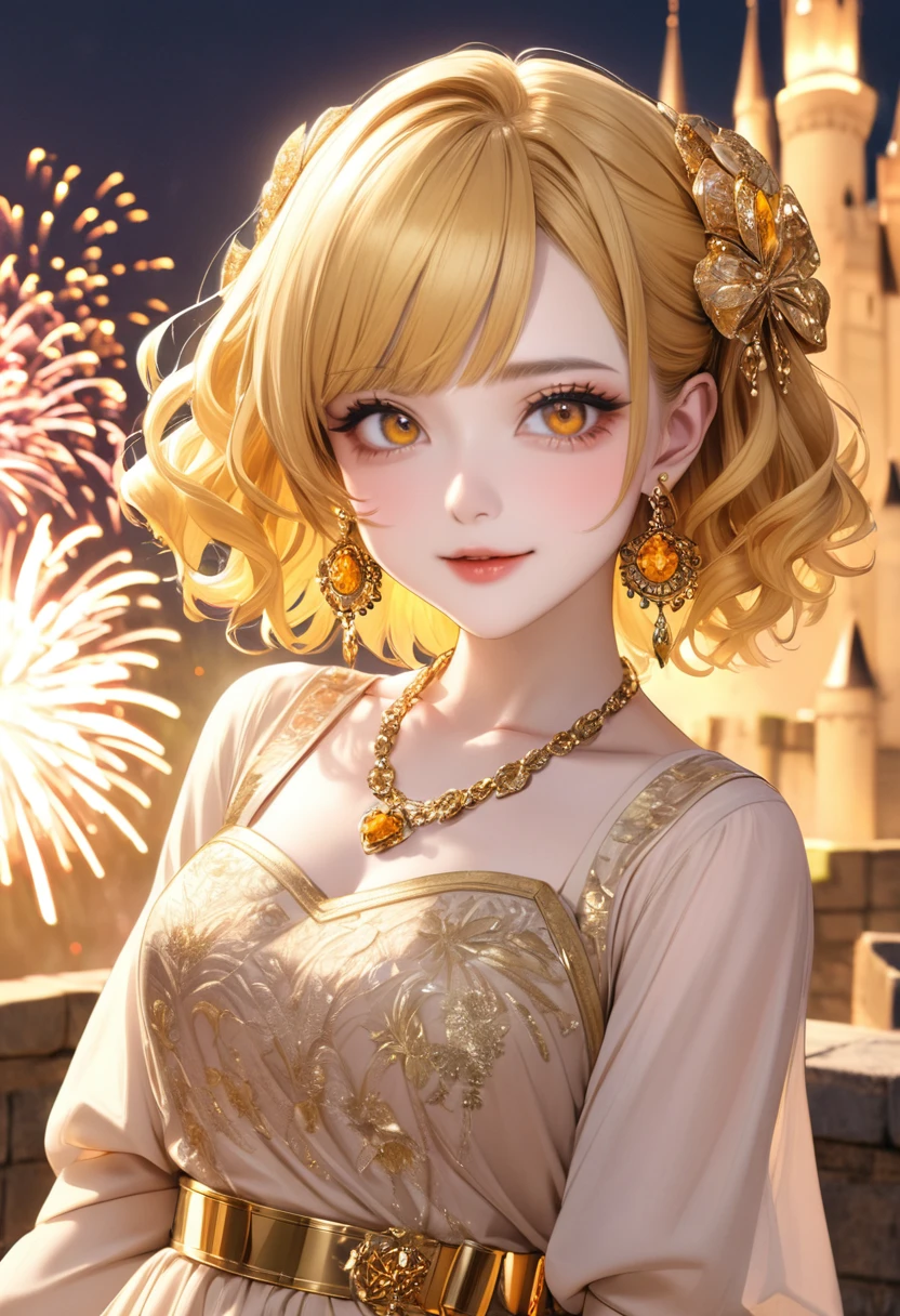 1 female　Yellow short wavy hair　Yellow eyebrows　Orange eyes　Socialite debut　Beige gold embroidered long dress　Inside the castle　firework 　hair ornaments　Earrings and matching necklace　Gold Belt