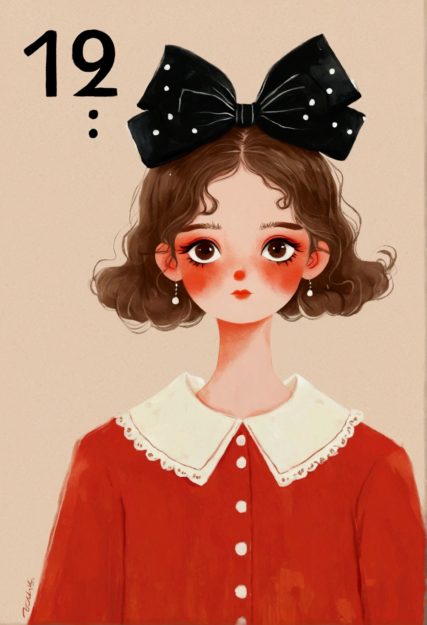 The girl in the painting is wearing a red dress,White collar,Wearing a black bow, , Numbers inspired by Pia Fries, tumblr, The art of math, Digital drawing, No gradient, Beauvot Art Style, A beautiful artistic illustration