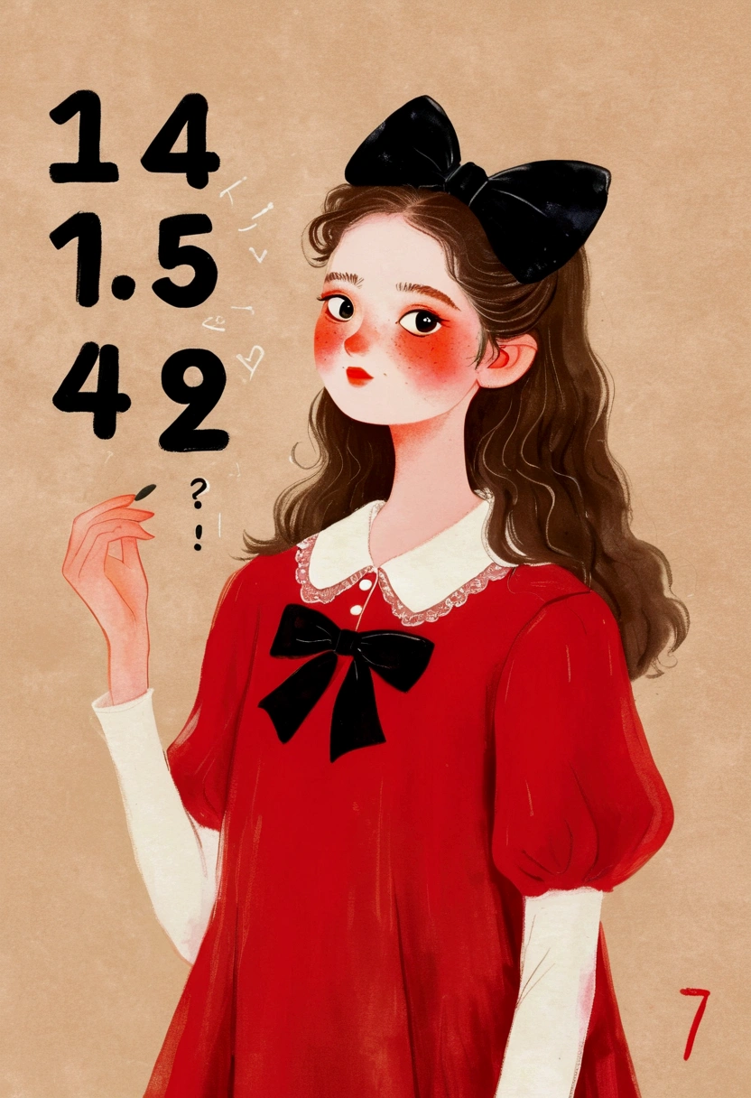 The girl in the painting is wearing a red dress,White collar,Wearing a black bow, , Numbers inspired by Pia Fries, tumblr, The art of math, Digital drawing, No gradient, Beauvot Art Style, A beautiful artistic illustration