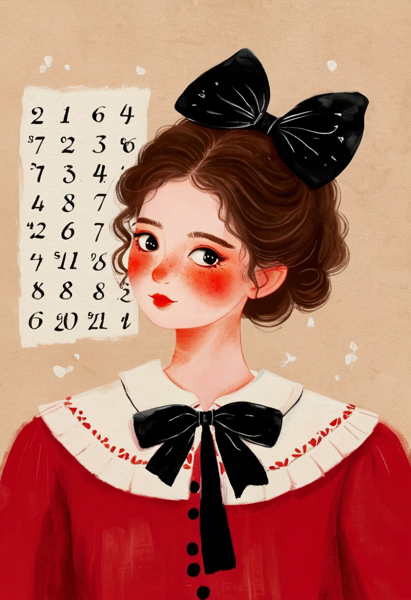 The girl in the painting is wearing a red dress，White collar，Wearing a black bow, , Numbers inspired by Pia Fries, tumblr, The art of math, Digital drawing, No gradient, Beauvot Art Style, A beautiful artistic illustration