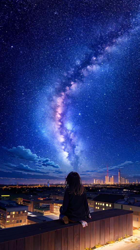 octans, sky, star (sky), scenery, starry sky, night, 1girl, night sky, solo, outdoors, building, cloud, milky way, sitting, tree, long hair, city, silhouette, cityscape