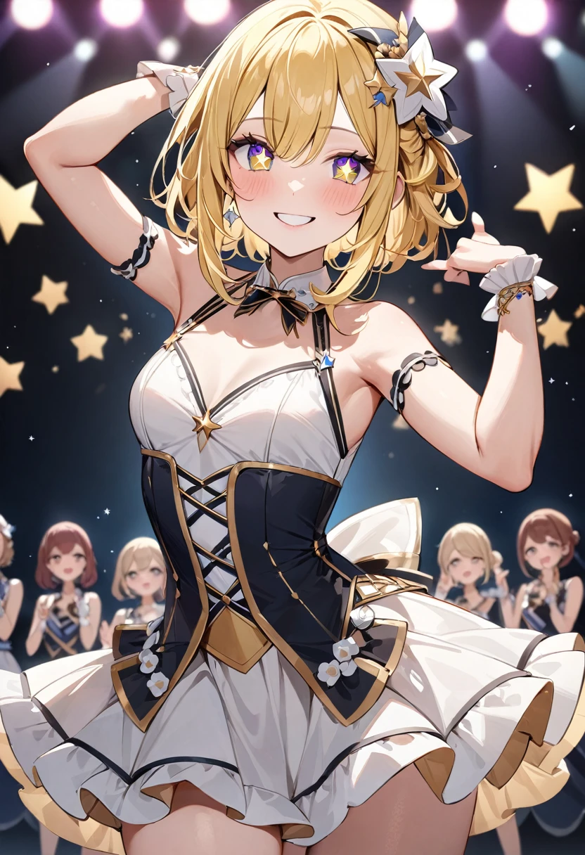 (masterpiece, top quality, very aesthetic, 4k、illustration), intricate detail, 1woman,、contrapposto 、,(cowboy shot)、Dancing,(star-shaped pupils),Cute 、pose、happy smile、Random Hairstyle、Random Hair Color、,middle hair,sidelock ,Random Color　eyes、idol clothes、small breasts、Slim 、