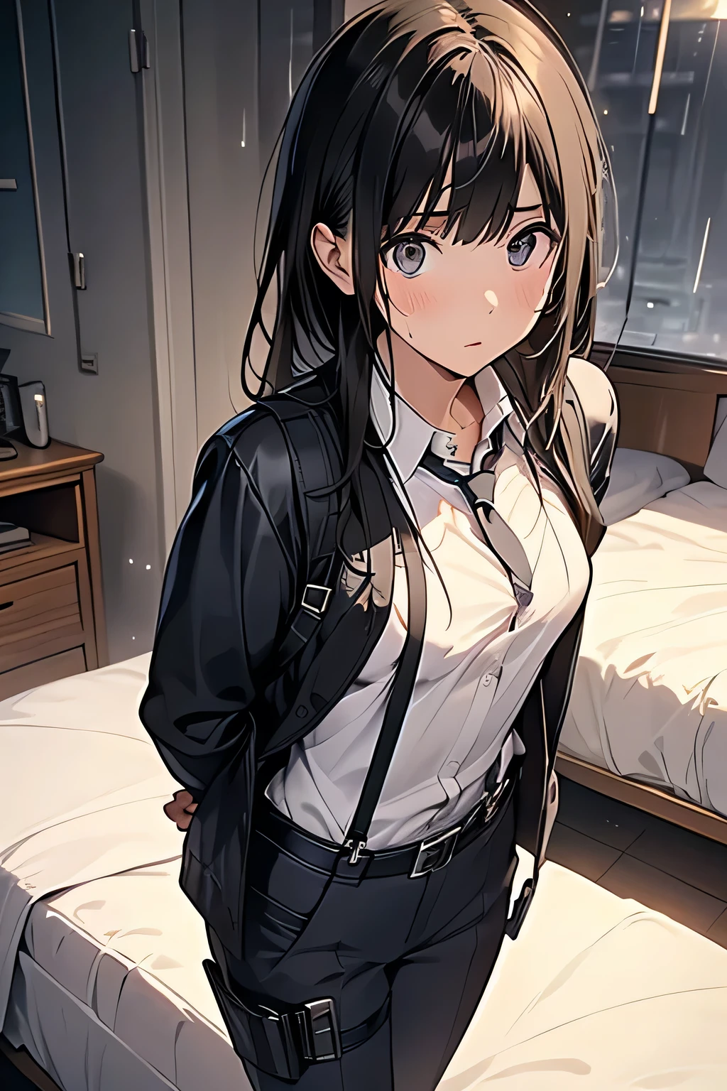 1 female, , high quality, masterpiece, Ultra-high resolution, , Cinema Lighting, , , And the suspenders with the cranes flying　　　Large Breasts　 　 　　　　Small face　 　　　holster　　　　　　　 Lying in bed　Looking up　　　　Sweat 　　　belt　summer　脇Sweat 　Black Hole Gloves　suit　shirt　　Black jacket　 Black trousers　Leg Links　ズボンにbelt　　holster　 　　Hands behind your back　 Anxious expression　Looking up　Anxious face, legs apart　Armament　　Cable ties　レッグholster　holster　See-through clothing　heavy rain　Getting wet in the rain