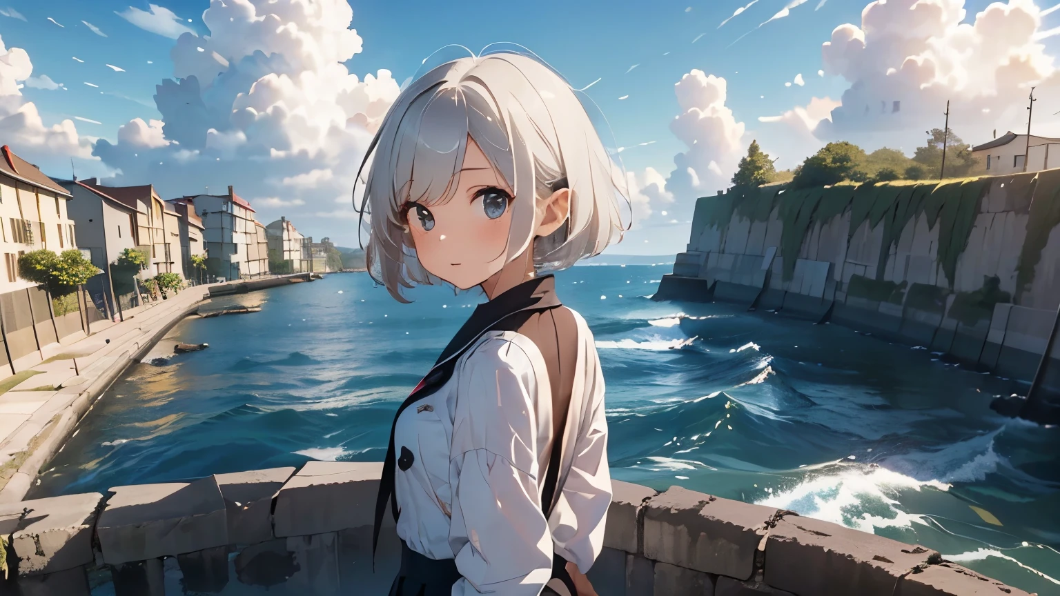 (Top quality, masterpiece),(One girl, standing on breakwater, full body, uniform, short hair, white hair, with her back to us), (Summer sky, cumulonimbus clouds, sea, breakwater),(Lo-fi art style)