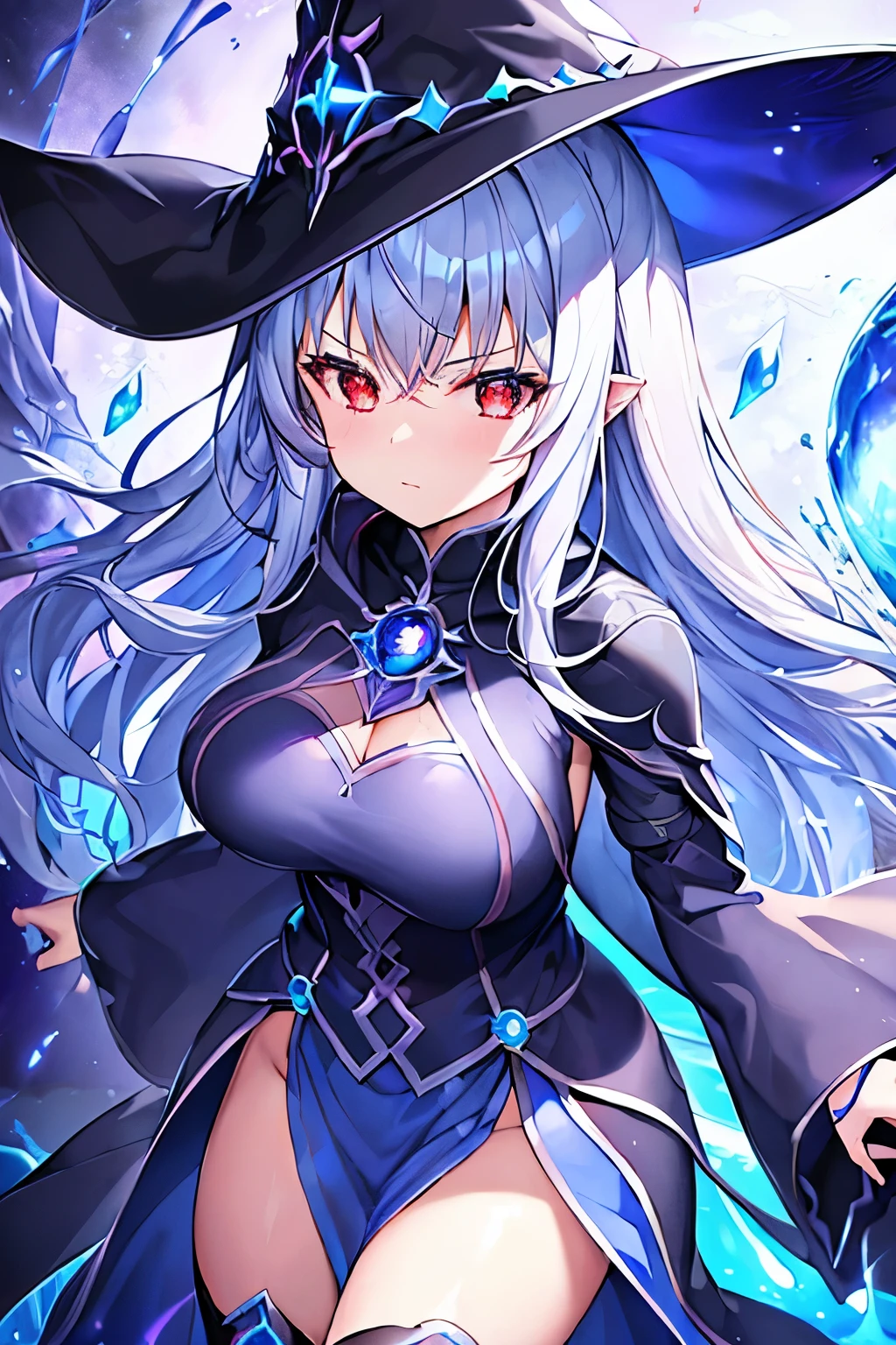 1 girl、Silver long-haired、Hollow, glowing red eyes、Fantasy、witch、((黒とBlue clothes))、((Blue clothes))、(Aggressive design)、Cape、boots、Purple decoration、accessories、Villain、whole body、Water Magic、Dark Magic、Dark Aura、Expressionless、Expose、Bigger breasts、Shameless、