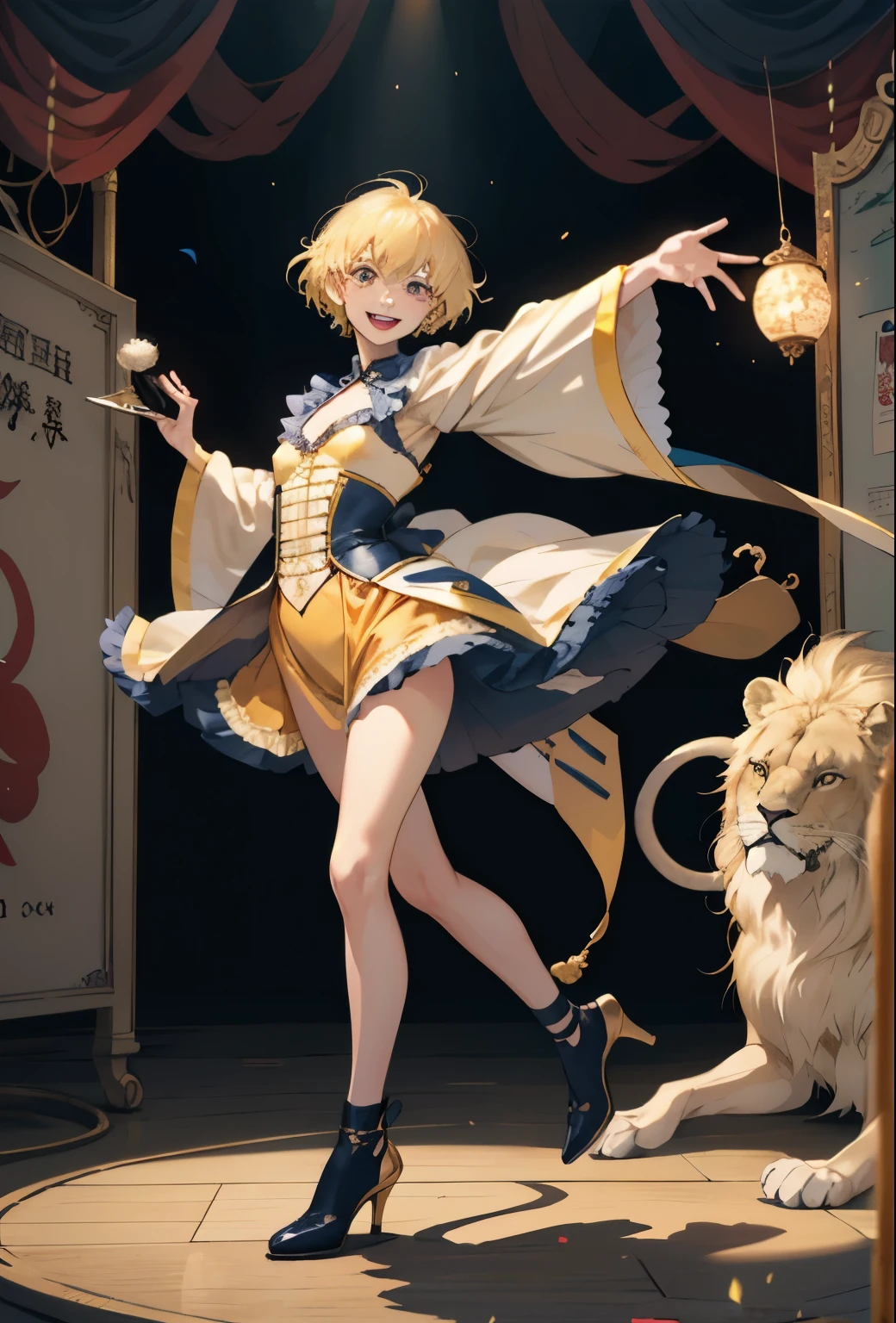 girl, whole body, short hair, Blonde, small, yellow, smile,Circus広場, Lion, Red and navy blue costume,High leg衣装,Circus,Beast Charmer,High leg,