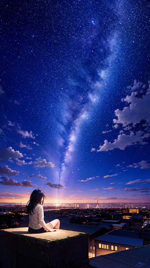 octans, sky, star (sky), scenery, starry sky, night, 1girl, night sky, solo, outdoors, building, cloud, milky way, sitting, tree, long hair, city, silhouette, cityscape