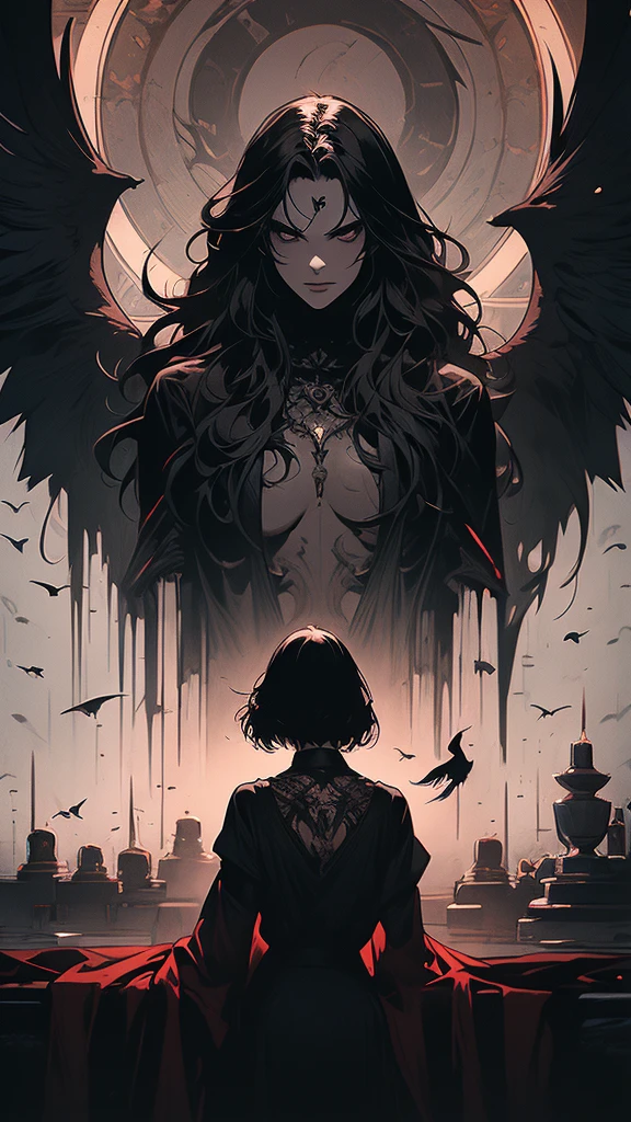 masterpiece,best quality,ultra-detailed,2girl,solo,crow,upper body,dark style,black hair,black clothes,standing,horror theme, nude, sitting