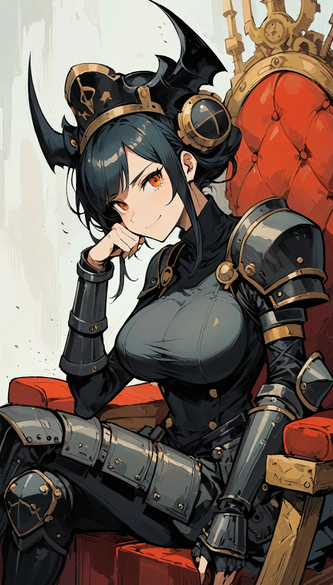 in style of ashley wood,in style of Santiago Caruso,in style of Alex Hirsch,
{1girl:1.3},独奏,oil painting style,cowboy shot,{asymmetrical hair:1.1},{oversized breasts:1.2} {oversized forearms:2.5},{arm armor:1.4},{oversized shoulder:1.5},{a proud smile:1.1},silence,{squinting:1.4},Lively colors,death style,sitting on the throne,(one hand on own chin,cocked his head,reclining:1.5),From below,