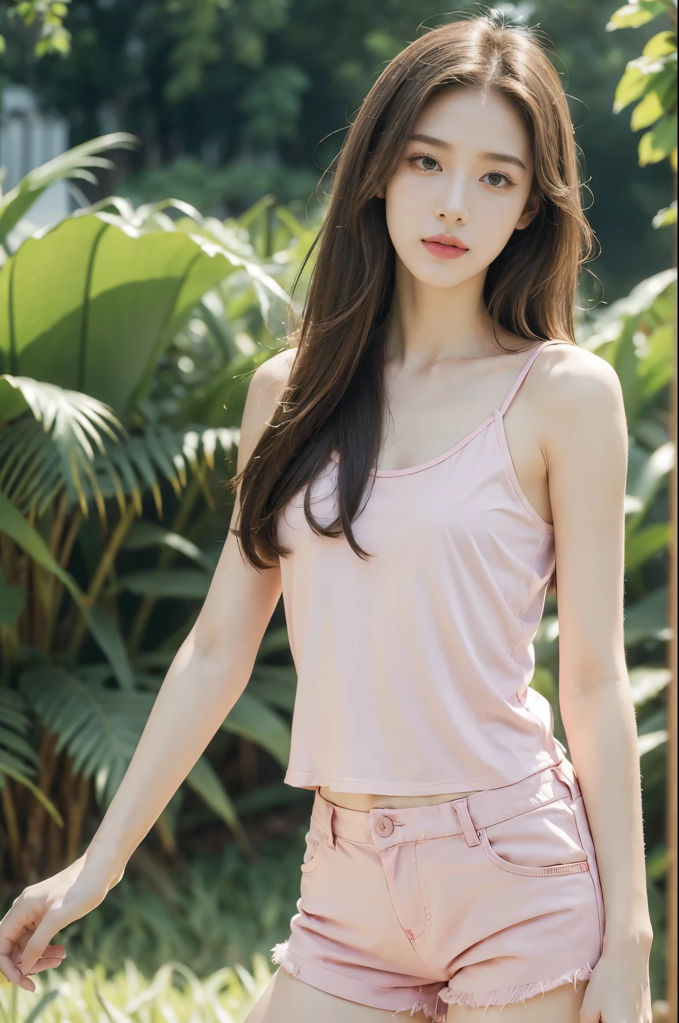 (((best quality))),(((ultra detailed))),(((masterpiece))),illustration,((1 beautiful girl,solo)),((slim,thin)),((small breasts,flat chest)),((summer afternoon)),(standing:1.3),(in cornfield:1.3), (hotpink tank top:1.3),(hotpink shorts:1.2),(slender legs:1.2),delicate,(medium straight hair:1.2), radiant smile, vibrant atmosphere, elegance, grace,fresh and cool,towering stalks, densely packed, soothing melody, serene and peaceful, hustle and bustle,majesty, harmoniously, essence of summer, tranquility, relaxation, peacefulness of nature,((from front,upper body))