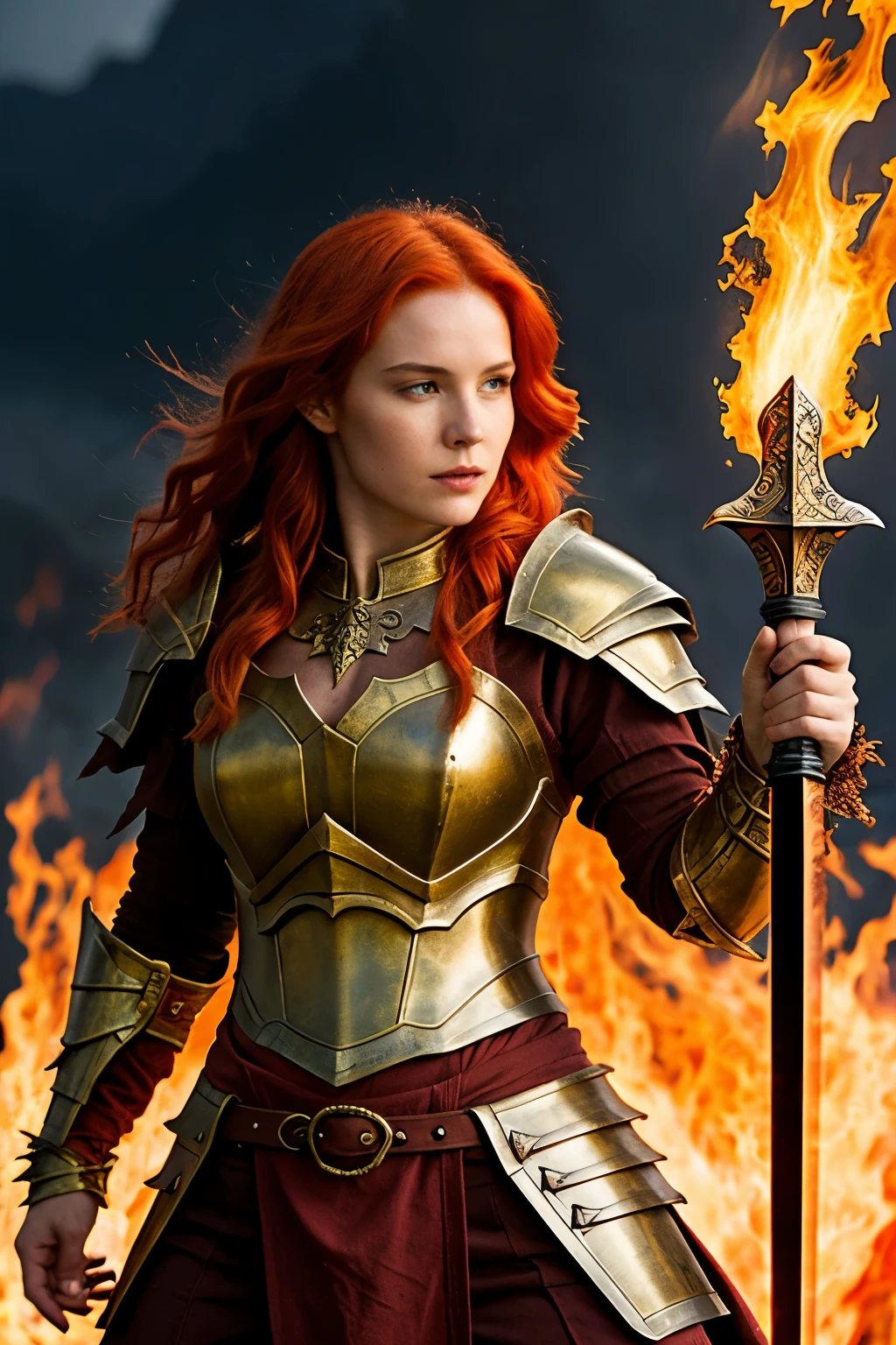 
Dragonkin woman whith bronze skin scales and fiery red hair, wears armor forged by his own hands, infused with fire-resistant enchantments. His weapon is a flaming sword, capable of cutting through nearly anything and setting it ablaze.
