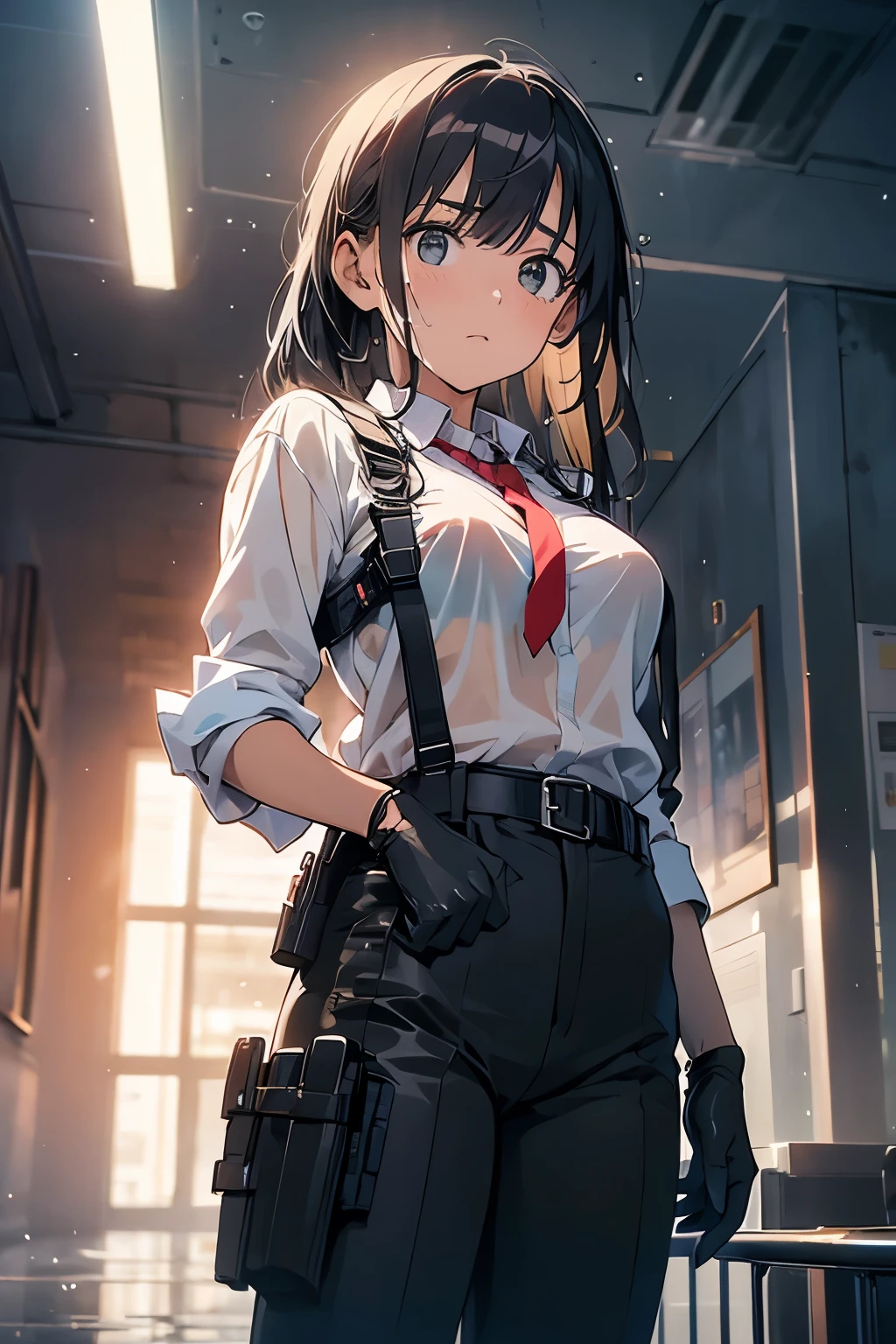 1 female, , high quality, masterpiece, Ultra-high resolution, , Cinema Lighting, , , And the suspenders with the cranes flying　　　Large Breasts　 　 　　　　Small face　 　　　holster　　　　　　　 Lying in bed　Looking up　　　　Sweat 　　　belt　summer　脇Sweat 　Black Hole Gloves　suit　shirt　　Black jacket　 Black trousers　Leg Links　ズボンにbelt　　holster　 　　Hands behind your back　 Anxious expression　Looking up　Anxious face, legs apart　Armament　　Cable ties　レッグholster　holster　See-through clothing　heavy rain　Getting wet in the rain
