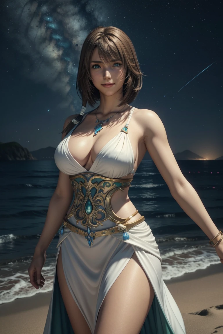 The best one,Yuna,Final Fantasy 10,FF10,Medium Hair,Brown hair,Let your bangs down,Beautiful green and blue odd eyes,,Beautiful and tall nose,Photorealistic,Ultra HD,high quality,masterpiece,Digital SLR,Detailed details,Intricate details,Anatomical basis,Depicted in detail,A detailed face,Realistic skin texture,Vivid details,Perfect Anatomy,Perfect Anatomy,Anatomically correct hand,Anatomically correct fingers,Super Detail,Complex 3D rendering,Huge ,Sexy pose,Final Fantasy 10の美しい世界,White long dress,Beautiful night sky,A beach with a beautiful starry sky,Fantastic beaches,Fantasy worldview,Picturesque,Pink Lips,smile,