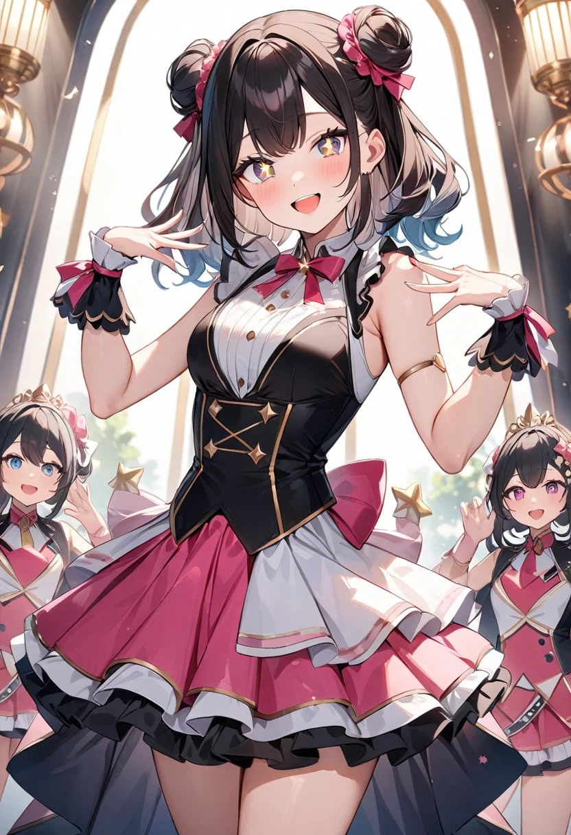 (masterpiece, top quality, very aesthetic, 4k、illustration), intricate detail, 1woman,、contrapposto 、,(cowboy shot)、(star-shaped pupils),Cute 、pose、happy smile、Random Hairstyle、Random Hair Color、,middle hair,sidelock ,Random Color eyes、idol clothes、small breasts、Slim 、