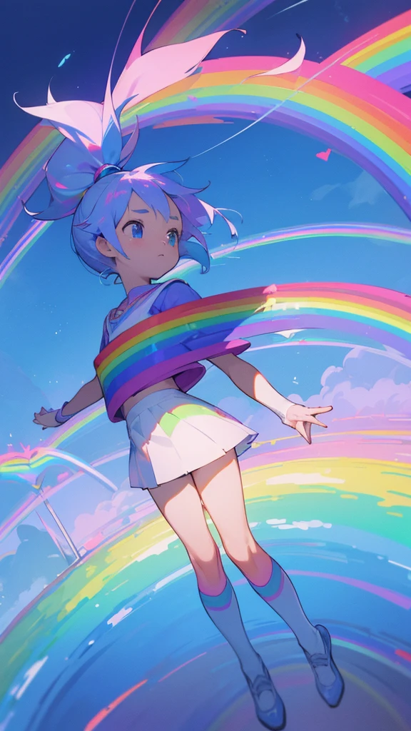 ((Dreamy landscape))、(((Super Rainbow)))、((A semi-transparent rainbow road leading to the blue sky、Light color、Bright colors))、(((Little Girl、High Ponytail、Knee socks、Rim Light)))、Pastel Color Spectrum、The heart is transparent、Immersion、The sky is high、The sky is wide、Bright colors、Fantasy Fractal Art、Scheimpflug、High Contrast、masterpiece、Highest quality、Small details、Super beautiful graphics