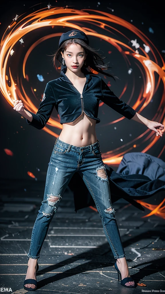 moist skin,realistic body,(adult female body),lively,(16 years old),(girl),,crop top,,collarbone,multiple earrings,abdomen,pants,(coat),fur trim,denim,jeans,hat,
BREAK,
bright red lipstick,(beautiful navel),(black hair),beautiful hair,short hair,
BREAK,
((masterpiece+best quality+high resolution+highly detailed)), (full body:1.2),symmetrical,one shot,
BREAK,
(wind blowing),(blue electricity),(battle stance:1.4),
BREAK,
assassination,,fantastic,dynamic,