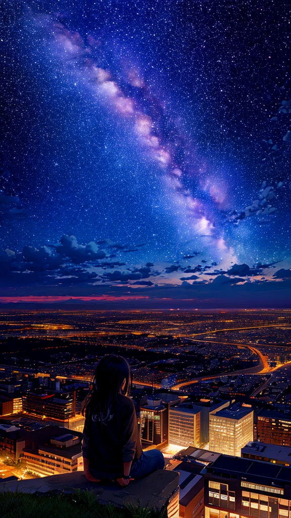 octans, sky, star (sky), scenery, starry sky, night, 1girl, night sky, solo, outdoors, building, cloud, milky way, sitting, tree, long hair, city, silhouette, cityscape