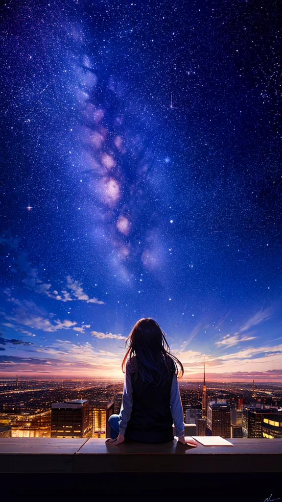 octans, sky, star (sky), scenery, starry sky, night, 1girl, night sky, solo, outdoors, building, cloud, milky way, sitting, tree, long hair, city, silhouette, cityscape