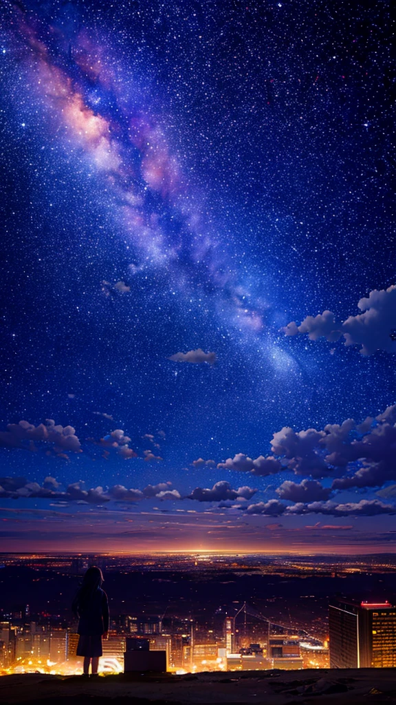 octans, sky, star (sky), scenery, starry sky, night, 1girl, night sky, solo, outdoors, building, cloud, milky way, sitting, tree, long hair, city, silhouette, cityscape