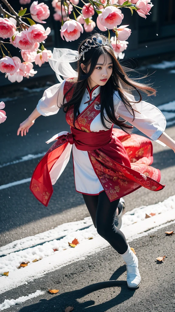 32K(tmasterpiece,k hd,hyper HD,32K)Long flowing black hair,ponds,zydink, a color, Xuzhou people (Seduce girls), (Red scarf in the snow), Combat posture, looking at the ground, long whitr hair, Floating hair, Carp pattern headdress, Chinese long-sleeved silver cheongsam, (Abstract gouache splash:1.2), Pink petal background,Tulips flying(realisticlying:1.4),Black color hair,Fallen leaves flutter,The background is pure, A high resolution, the detail, RAW photogr, Sharp Re, Nikon D850 Film Stock Photo by Jefferies Lee 4 Kodak Portra 400 Camera F1.6 shots, Rich colors, ultra-realistic vivid textures, Dramatic lighting, Unreal Engine Art Station Trend, cinestir 800,Long flowing black hair,see-through transparent clothes