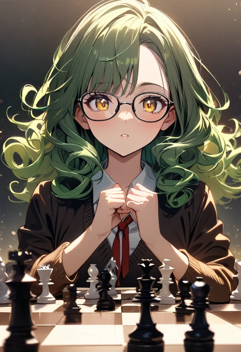 girl, yellow eyes, green hair, beautiful, high detail, beautiful background,  playing chess, main face, front face, school girl, 30 year old, curly hair, glasses