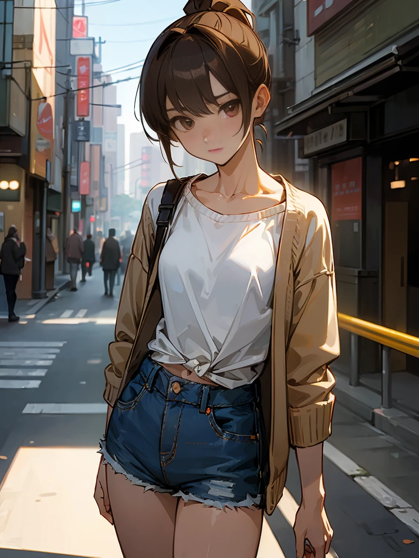 (((masterpiece))), (((Highest quality))),Ultra-high resolution, Caustics, detailed, (Beautiful detailed Eyes),Perfect Anatomy,Browsing Caution, alone,Shoot from the front,Cowboy Shot,20 year old beauty,Slender body,Toned body,Oily skin, Glowing Skin,Glowing Skin,Medium chest,Brown eyes,(ponytail),Medium Hair,Brown Hair,Are standing, (denim micro shorts,Low rise,Tshirt, Umbilical cord prolapse,cardigan),Busy Street、congestion、Many passers-by、Tokyo