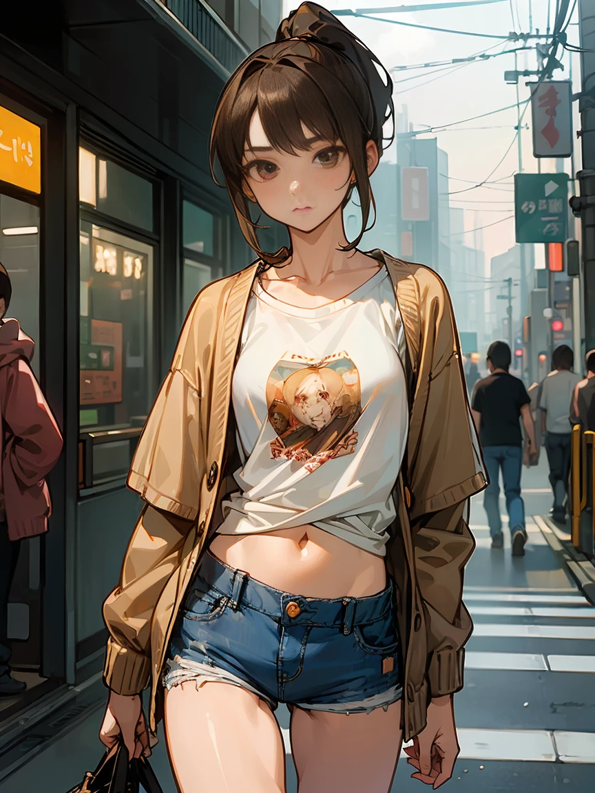 (((masterpiece))), (((Highest quality))),Ultra-high resolution, Caustics, detailed, (Beautiful detailed Eyes),Perfect ???????,Browsing Caution, alone,Shoot from the front,Cowboy Shot,20 year old beauty,Slender body,Toned body,Oily skin, Glowing Skin,Glowing Skin,Medium chest,Brown eyes,(ponytail),Medium Hair,Brown Hair,Are standing, (denim micro shorts,Low rise,Tshirt, Umbilical cord prolapse,cardigan),Busy Street、congestion、Many passers-by、Tokyo