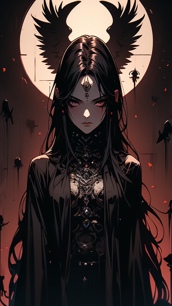 masterpiece,best quality,ultra-detailed,2girl,solo,crow,upper body,dark style,black hair,black clothes,standing,horror theme, nude, sitting