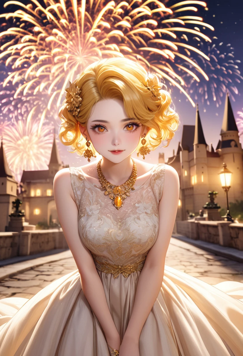 1 female　Yellow short curly hair　Yellow eyebrows　Orange eyes　Socialite debut　Beige gold embroidered long dress　Inside the castle　firework 　hair ornaments　Gorgeous necklace with matching earrings　Golden West