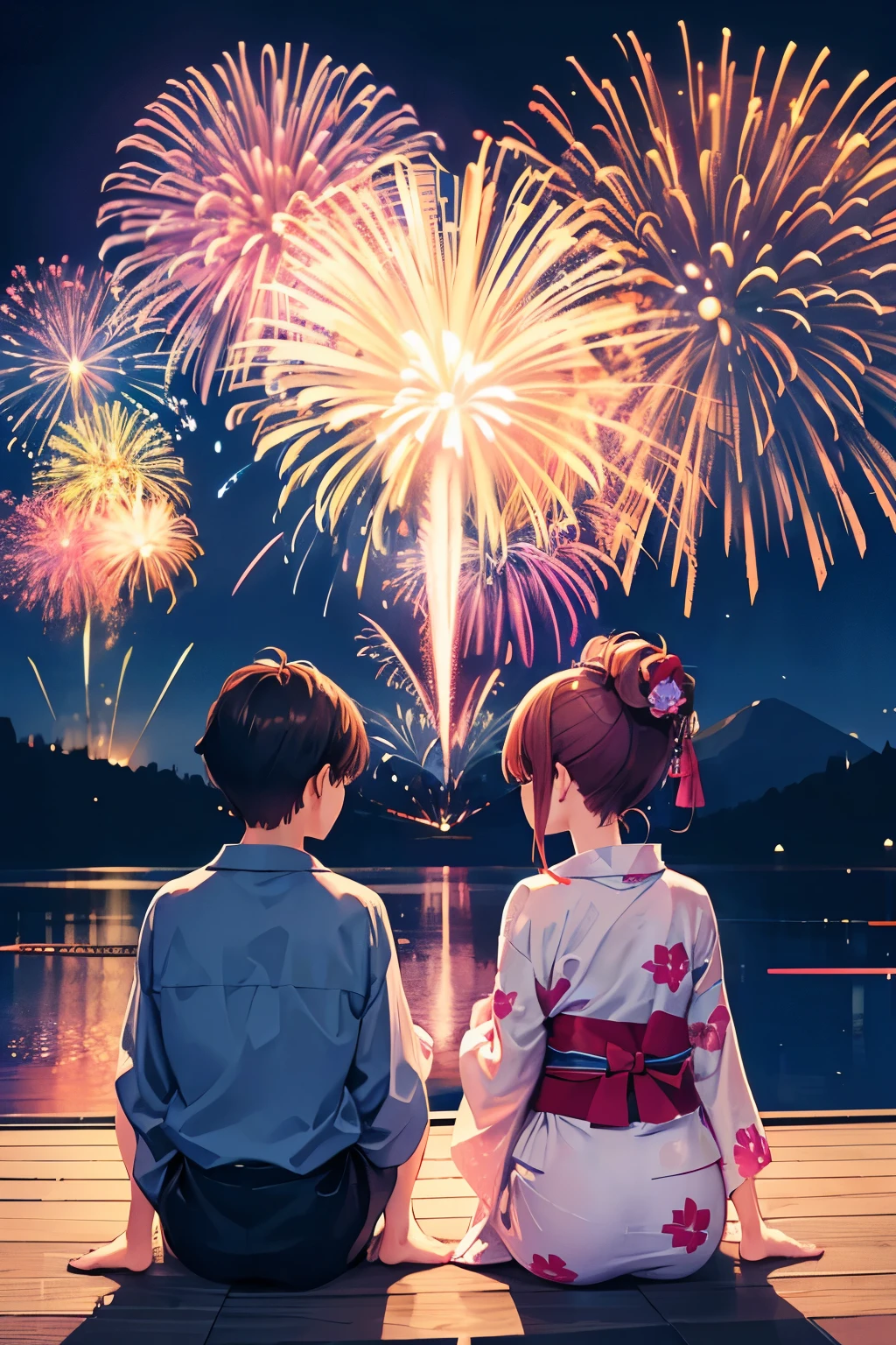 Ultra Wide Angle, firework mysterious Male and female couple High resolution, Highest quality, Back view, whole body Festivals yukata