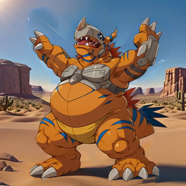 Greymon, male, fat, solo, smiling, pokemon, belly,  (stretching with arms up), topless, 