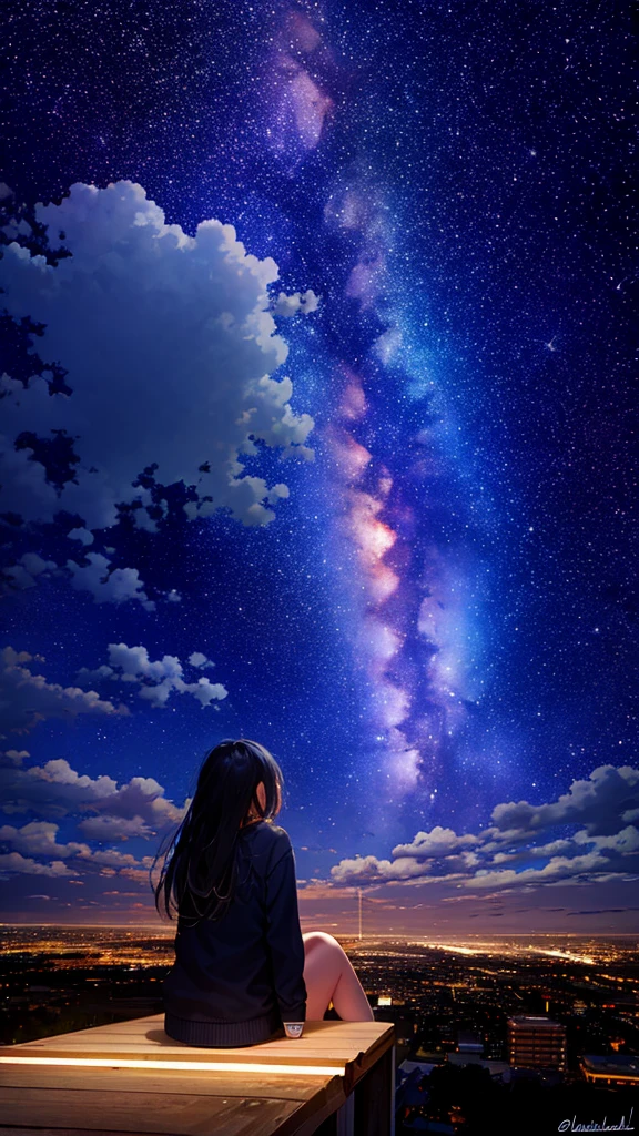 octans, sky, star (sky), scenery, starry sky, night, 1girl, night sky, solo, outdoors, building, cloud, milky way, sitting, tree, long hair, city, silhouette, cityscape