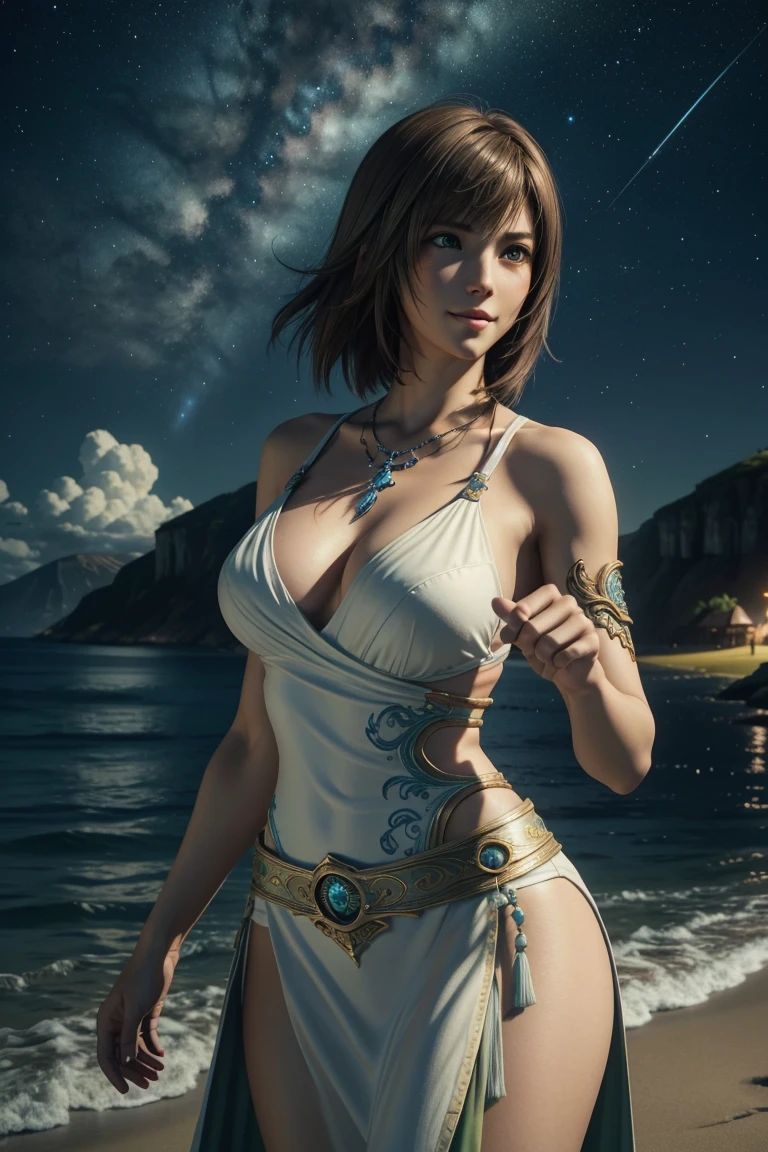 The best one,Yuna,Final Fantasy 10,FF10,Medium Hair,Brown hair,Let your bangs down,Beautiful green and blue odd eyes,,Beautiful and tall nose,Photorealistic,Ultra HD,high quality,masterpiece,Digital SLR,Detailed details,Intricate details,Anatomical basis,Depicted in detail,A detailed face,Realistic skin texture,Vivid details,Perfect Anatomy,Perfect Anatomy,Anatomically correct hand,Anatomically correct fingers,Super Detail,Complex 3D rendering,Huge ,Sexy pose,Final Fantasy 10の美しい世界,White long dress,Beautiful night sky,A beach with a beautiful starry sky,Fantastic beaches,Fantasy worldview,Picturesque,Pink Lips,smile,