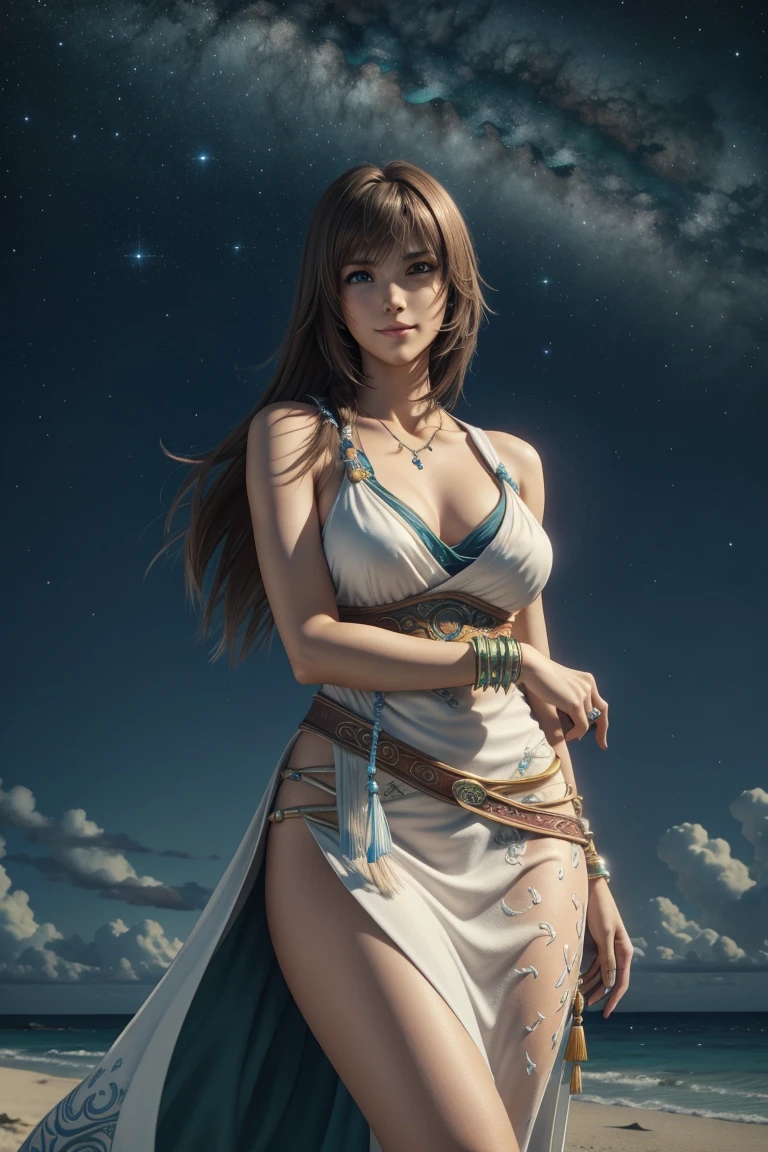 The best one,Yuna,Final Fantasy 10,FF10,Medium Hair,Brown hair,Let your bangs down,Beautiful green and blue odd eyes,,Beautiful and tall nose,Photorealistic,Ultra HD,high quality,masterpiece,Digital SLR,Detailed details,Intricate details,Anatomical basis,Depicted in detail,A detailed face,Realistic skin texture,Vivid details,Perfect Anatomy,Perfect Anatomy,Anatomically correct hand,Anatomically correct fingers,Super Detail,Complex 3D rendering,Huge ,Sexy pose,Final Fantasy 10の美しい世界,White long dress,Beautiful night sky,A beach with a beautiful starry sky,Fantastic beaches,Fantasy worldview,Picturesque,Pink Lips,smile,