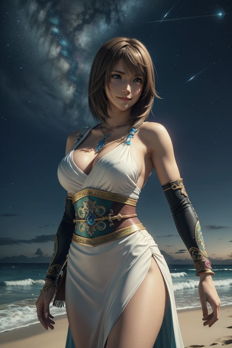 The best one,Yuna,Final Fantasy 10,FF10,Medium Hair,Brown hair,Let your bangs down,Beautiful green and blue odd eyes,,Beautiful and tall nose,Photorealistic,Ultra HD,high quality,masterpiece,Digital SLR,Detailed details,Intricate details,Anatomical basis,Depicted in detail,A detailed face,Realistic skin texture,Vivid details,Perfect Anatomy,Perfect Anatomy,Anatomically correct hand,Anatomically correct fingers,Super Detail,Complex 3D rendering,Huge ,Sexy pose,Final Fantasy 10の美しい世界,White long dress,Beautiful night sky,A beach with a beautiful starry sky,Fantastic beaches,Fantasy worldview,Picturesque,Pink Lips,smile,